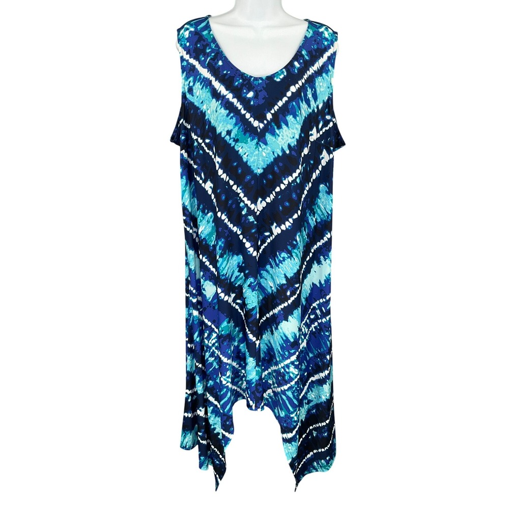 Catherines Dress Sz 2X‎ Tie Dye Print Sleeveless Handkerchief Hem Dress Blue